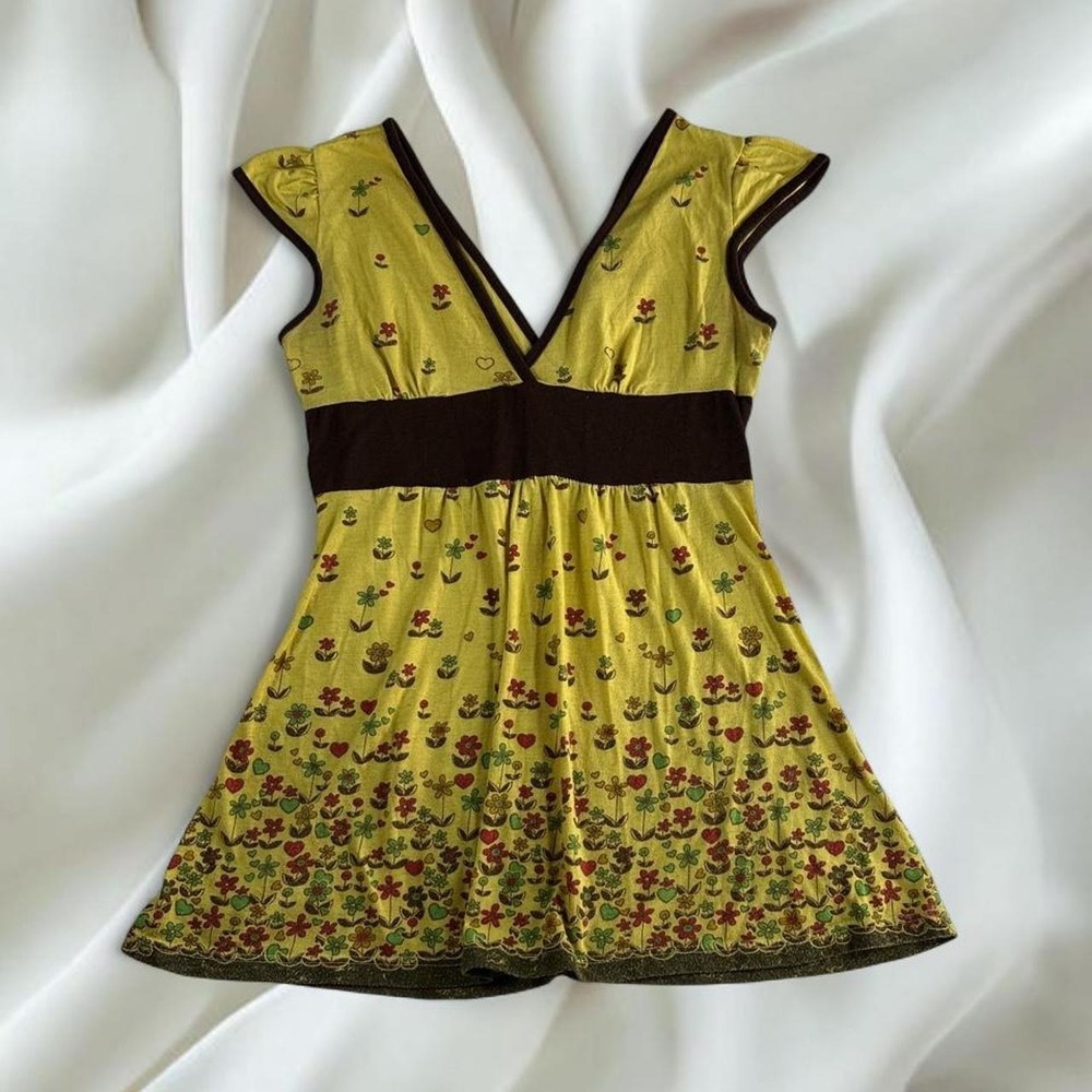 Voice yellow brown floral babydoll top y2k vintage mcbling
